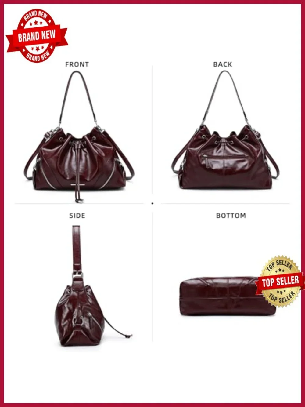 Large Hobo Bag Drawstring Bucket Tote Vegan Leather Work Travel